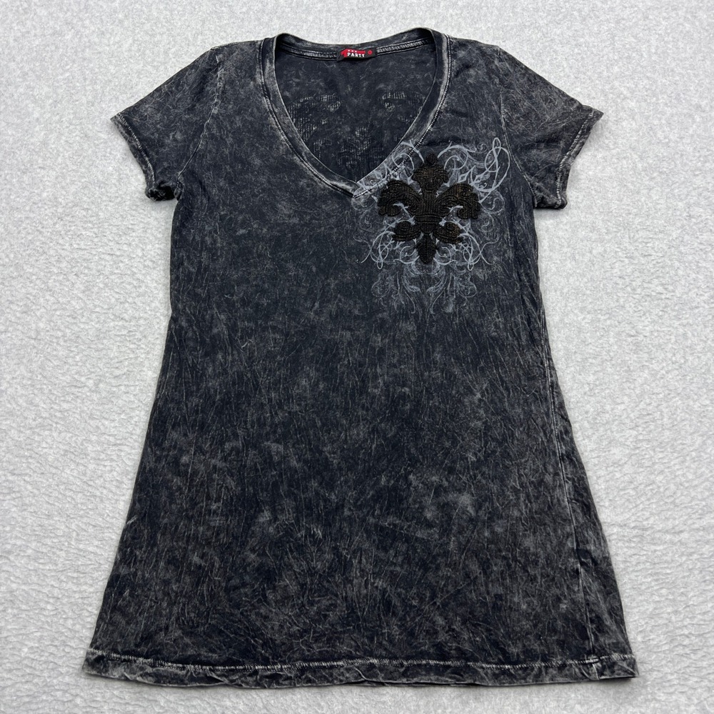 T-Party Shirt Womens Large Black Acid Wash Fleur De Lis Sequin V-Neck Y2K Tee‎